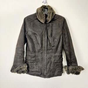 Danier Women's Brown Leather Jacket Size Small Quiet Luxury Vintage Faux Fur